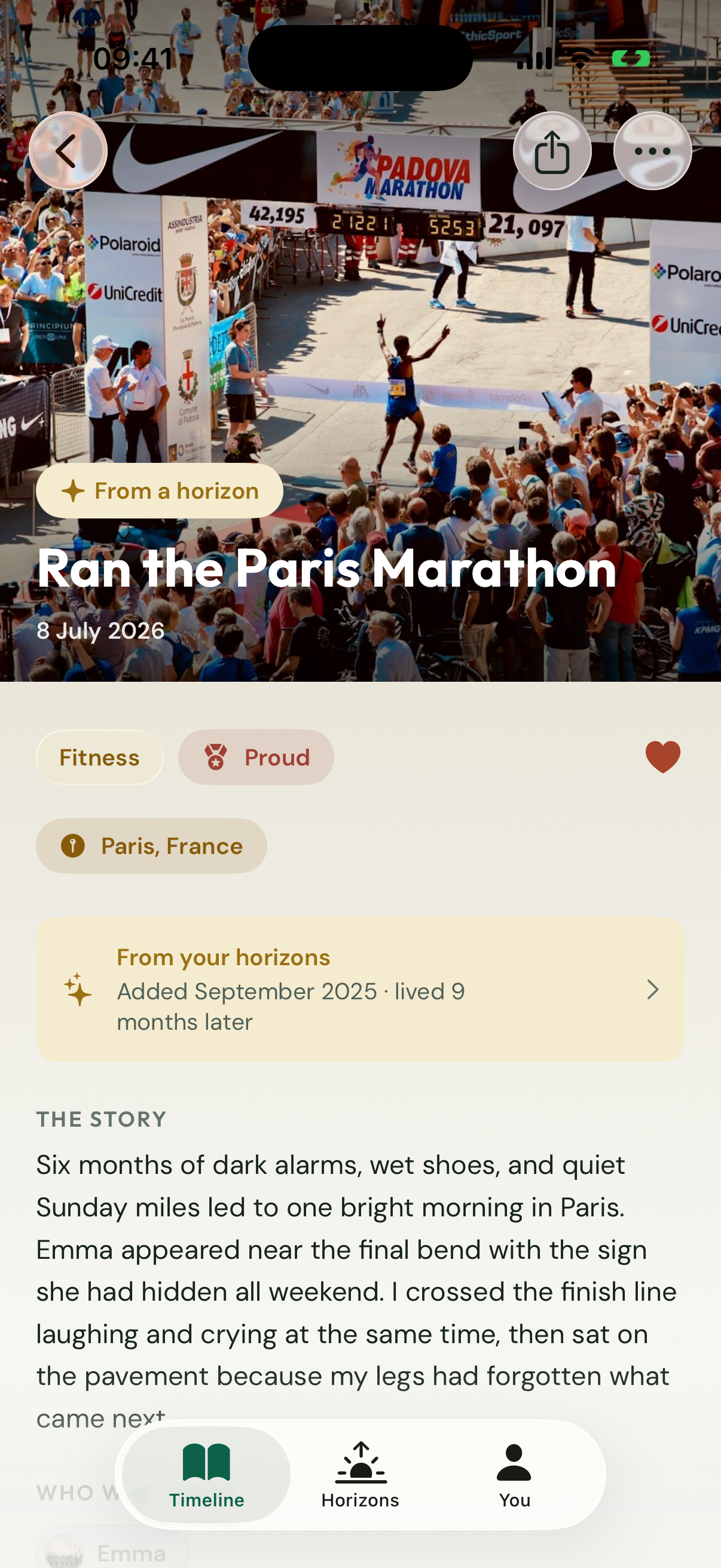 Once & Someday showing the fulfilled Paris Marathon Moment and its original Horizon
