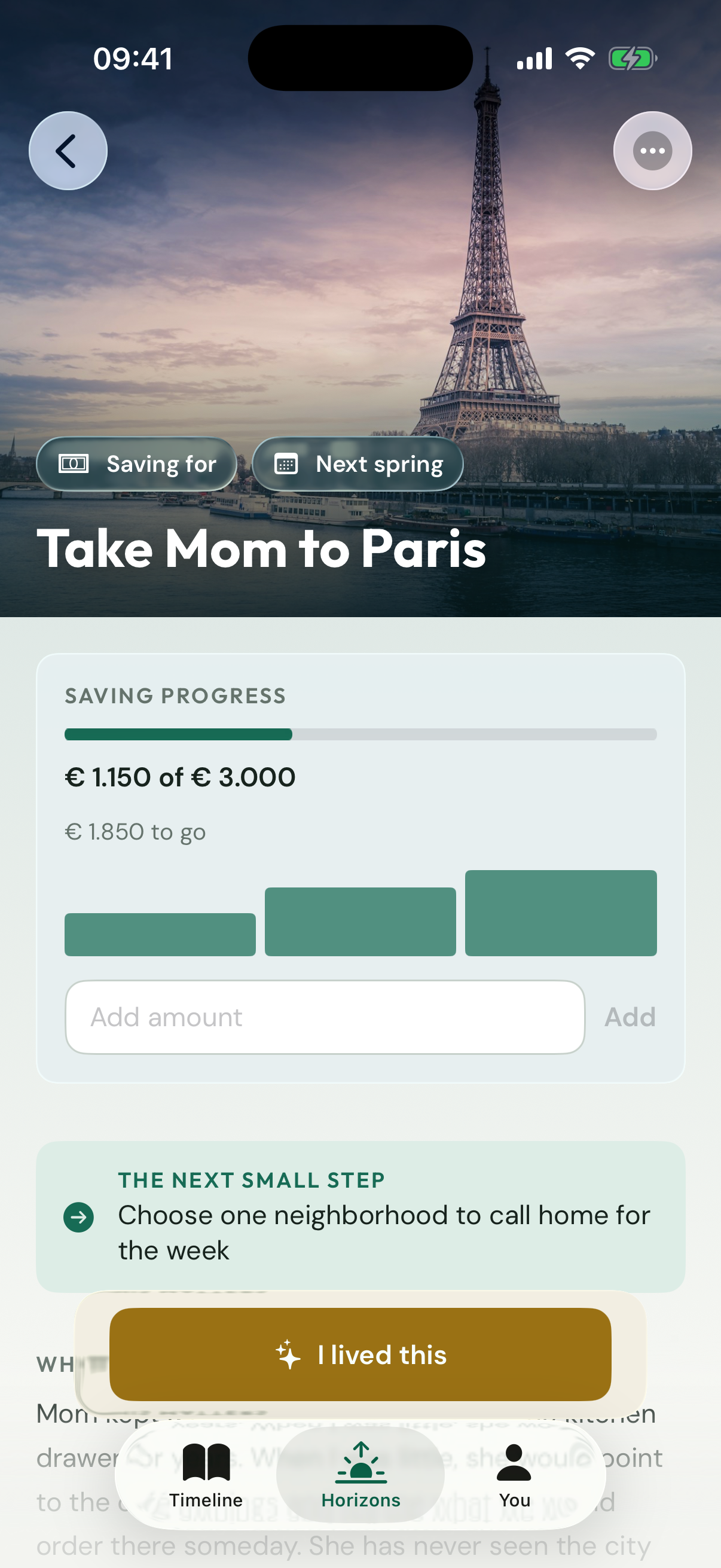 Once & Someday showing the Take Mom to Paris saving Horizon and its personal story